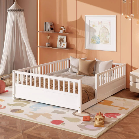 Queen Montessori Floor Bed With 21.46-Inch Wraparound Guardrails for toddlers in a shared room setting.