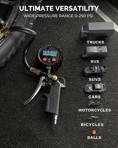 Digital Tire Pressure Gauge With Inflator 0-250 PSI Calibrated To ANSI B40.7 Grade 2A Air Chuck for vehicles and tools