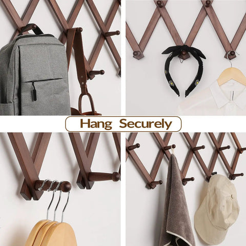 Expandable Wall Hat Rack With Sixteen Wooden Hooks Adjustable Coat Organizer That Fits Any Squeeze While Sorting Baseball Caps Cowboy Hats And Puffer Jackets No Fuss At All