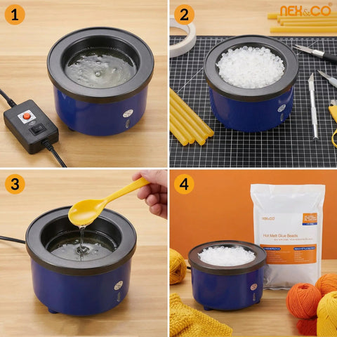 Hot Melt Glue Beads in electric melting pot, showing preparation steps for crafting with Straight Up General Purpose Hot Melt Glue Beads For Crafting 1 Pound Bag Clear Adhesive Skillet Pellets Low Drip Formula That Flows Smoothly Works Awesome With Electric Glue Pots For Any Weekend Diy Hack Around Town.