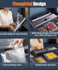 Vacuum Sealer For Food Storage With 85KPa Suction And Dry And Moist Modes, removable design and external sliding cutter