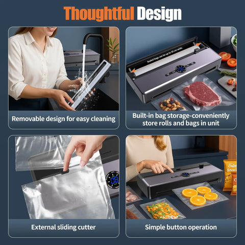 Vacuum Sealer For Food Storage With 85KPa Suction And Dry And Moist Modes, removable design and external sliding cutter