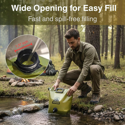 Person filling Two Gallon Collapsible Water Container With Spout For Camping And Outdoors from stream, focus on spout size