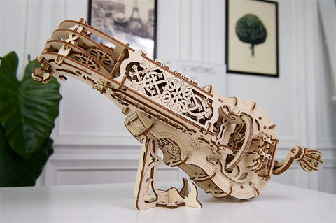 Mechanical Hurdy Gurdy Wooden Puzzle Kit For Adults Build Your Own 3D Medieval Music Instrument And Play Real Melodies With Spring Loaded Keys A Fun Brain Teaser Hobby Set, wooden side view