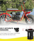 Mini bike with 24mm Carburetor Kit installed, showing Predator 212cc engine fitment and anodized black finish component dimensions.