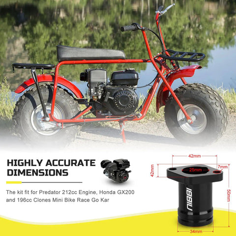 Mini bike with 24mm Carburetor Kit installed, showing Predator 212cc engine fitment and anodized black finish component dimensions.