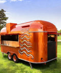 Turnkey Commercial Hot Dog Cart And Mobile Food Truck Trailer For Quick Bites Or Soft Serve With Pro Coffee Bar Setup and an orange exterior.