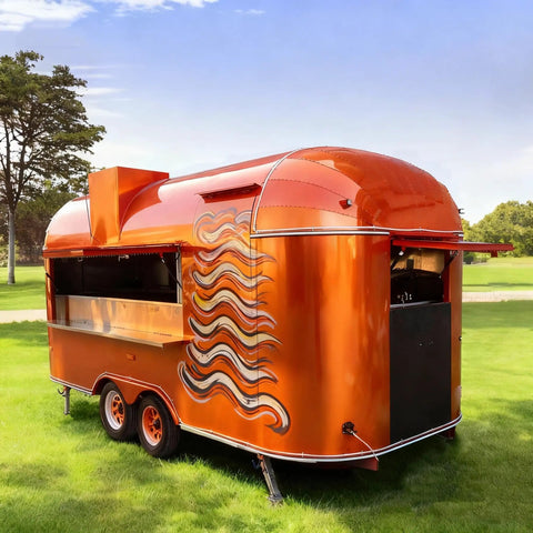 Turnkey Commercial Hot Dog Cart And Mobile Food Truck Trailer For Quick Bites Or Soft Serve With Pro Coffee Bar Setup and an orange exterior.