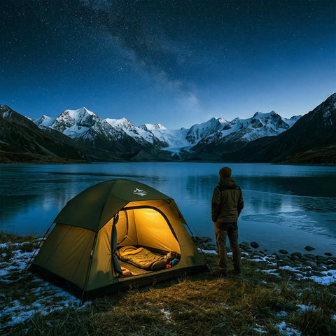 Go To Family Size Four Person Camping Tent With Ultra Spacious Extended Floor Design lit by a lake with mountain backdrop at night