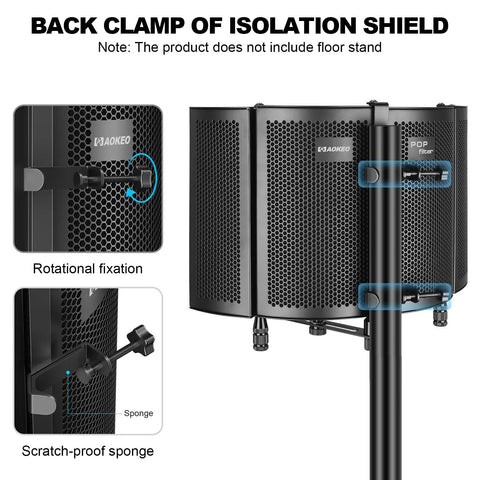 Back clamp of Top Shelf Microphone Isolation Shield with snap fit pop filter showcasing scratch-proof sponge and rotational fixation.