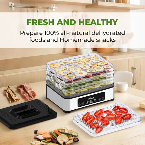Compact 5 Tray Food Dehydrator With 48 Hour Timer And Adjustable Temp Control Legit 400W Electric Food Dryer with fruits and veggies.
