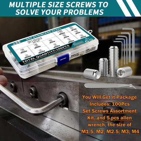 100 Piece Allen Screws Set Kit M3 M4 M5 M6 M8 With Allen Keys Heavy Duty Built To Last 304 Stainless Steel Cup Point Fasteners