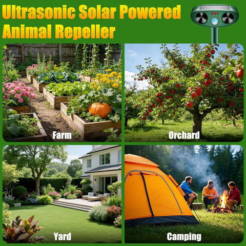 Solar Ultrasonic Outdoor Animal Repellent 4 Pack Upgraded Solar Powered Batteryless Deterrent For Gardens And Yards IP66 Waterproof Easy Install And Weatherproof Critter Defense For Pets And Wildlife for farm, orchard, yard, camping