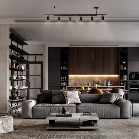 Six Light Track Lighting With Center Swivel Bar And Adjustable Heads In Matte Black Finish For Kitchens And Open Spaces Dimmable GU10 Base 64 Inch Modern Industrial Vibe in a modern living room