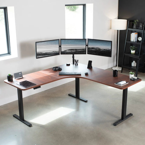 VIVO Corner Standing Desk In Dark Walnut L Shaped Electric Height Adjustable Workstation With Monitor Mount, 71 inch dual screen setup.