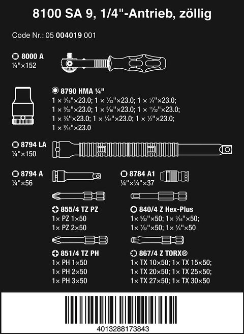Illustration of 28 Piece 1/4 Inch SAE Ratchet Set With Wera Zyklop Speed For Imperial Drive details and components list