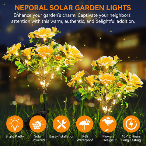 Go To Solar Carnation Flower Lights For Outdoor Garden Decor Waterproof IP65, Warm White 3200K LEDs, night garden view