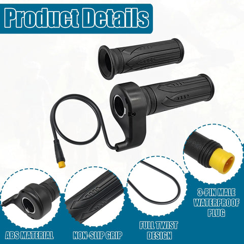 20X Full Twist Throttle Grip With Waterproof Connector For Ebikes 12V-72V Rugged Rubber Grip For Electric Bikes, E-Scooters, Mountain Bikes And Scooters