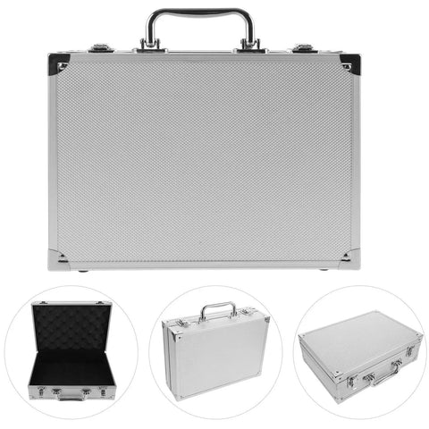 Workhorse Aluminum Toolbox Organizer With Heavy Duty Lock And Molded Foam Inserts Portable Stash Case showing exterior, interior, and flexible carry handle.