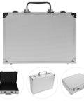 No Sweat Rolling Aluminum Toolbox With Handle Compact Storage Suitcase Heavy Duty Hard Shell Carry Case Built For Tools, shown from front with handle.