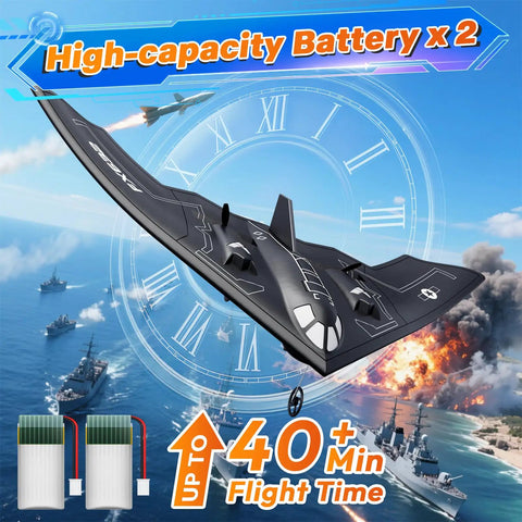 B2 Spirit Stealth Bomber RC Plane Ready to Fly 2CH Remote Control with 6 Axis Gyro Stabilizer, shown mid-flight over ocean scene