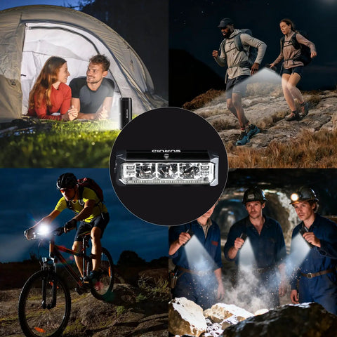 Collage featuring Ultra Bright 1000 Lumen USB Rechargeable Bike Headlight With Dual Beam Design Waterproof Front Light in diverse uses.