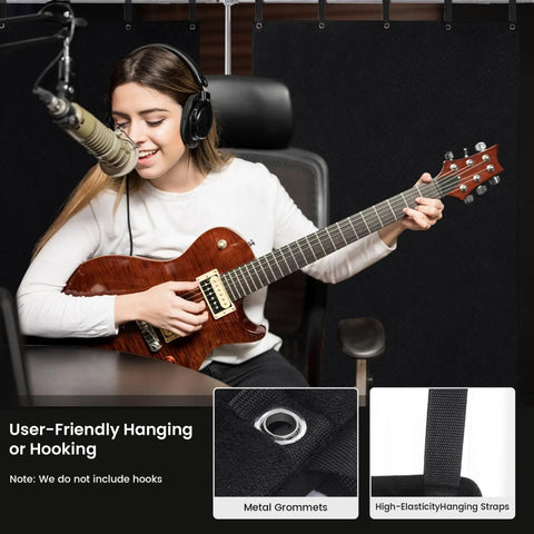 Heavy Duty Memory Foam Sound Dampening Blanket With Steel Grommets For Wall Hanging and Street Tested Noise Blocking Acoustic Panels in a home studio with a musician.