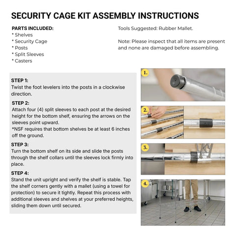 Step-by-step assembly instructions for Built Tough Green Epoxy Wire Mesh Security Cage Kit with NSF Listing.