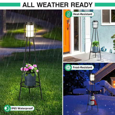 Collage of 2 Pack Solar Floor Lamps With Plant Stands for Outdoors in rain, sun, and snow highlighting waterproof feature.