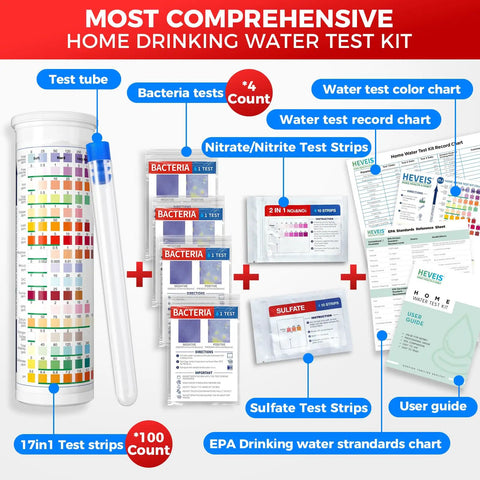 21 In 1 All In One Home Water Testing Kit With 120 Strips And 4 Bacteria Tests showing test strips, guides, and supplies
