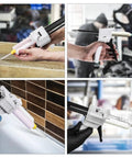 Top Rack 2 Pack Manual Dispensing Gun, 50ml Cartridge Base, in use applying epoxy and silicone in various settings.