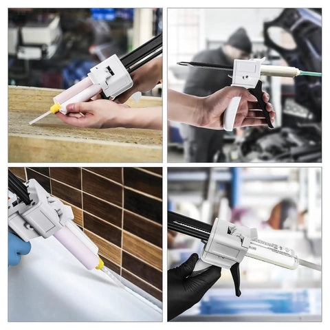 Top Rack 2 Pack Manual Dispensing Gun, 50ml Cartridge Base, in use applying epoxy and silicone in various settings.