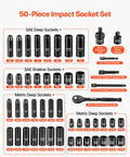 3/8 Inch Drive Impact Socket Set, 50-Piece SAE 5/16 to 3/4 Inch and Metric 8-22mm, Deep and Shallow 6-Point CR-V Steel, components shown