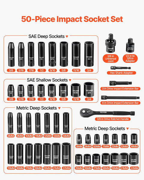 3/8 Inch Drive Impact Socket Set, 50-Piece SAE 5/16 to 3/4 Inch and Metric 8-22mm, Deep and Shallow 6-Point CR-V Steel, components shown
