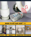 Two Pack WiFi Water Leak Alarm With Email Alerts Audio And Visual Notifications No Wiring Needed 105 dB Siren showcased under a sink