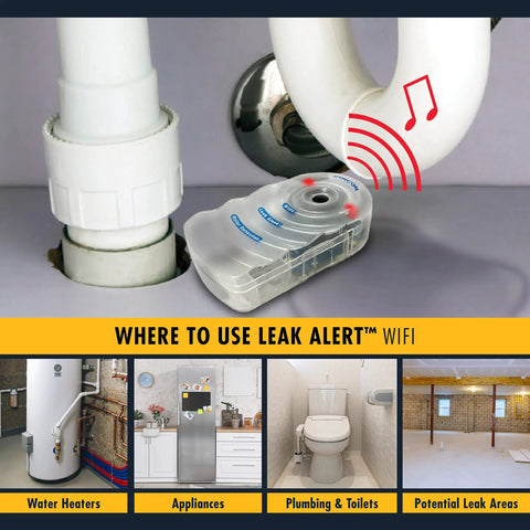 Two Pack WiFi Water Leak Alarm With Email Alerts Audio And Visual Notifications No Wiring Needed 105 dB Siren showcased under a sink