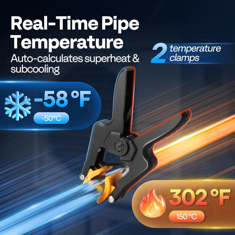 Digital HVAC Manifold Gauge Kit With 2 Wired Temperature Probes For Real Time Pressure, Temperature, Vacuum And Leak Checks, 88 Refrigerants Including R22 R410A R32 R454B With A2L Safety Alert, Superheat And Subcooling Readouts For Residential, Central clamp