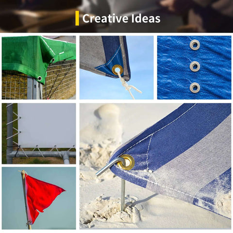 Pro Grade Grommet Tool Kit With Magnetic Alignment, showcasing grommets installed on canvas, tarps, and flags in various setups
