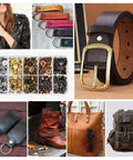 Straight-Up Chicago Studs Leather Crafting Kit With Heavy-Duty Punch Tools And Precision Screwdrivers And 100 Piece Multi-Color Binding Screw Set For Badass Diy Projects including leather belt, various screws, and accessories.
