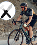 Cyclist on road bike with inset image of Rotor Truing Fork For Bicycle Disc Brake Rotor Alignment 2 Pack with 42mm/15mm adjustments.