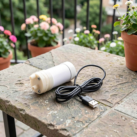 Portable Submersible Sump Pump With Built In Filter And Extended Drain Hose Heavy Duty Water Rig on a stone table with USB cable.