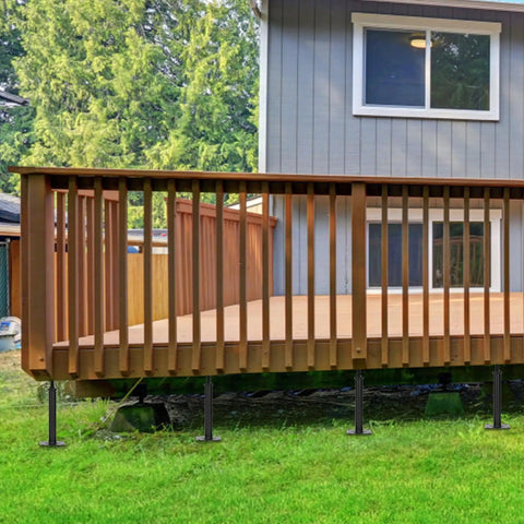 Deck supported with 4 Pack Adjustable Floor Jacks For Leveling And Temporary Basement Support, Telescoping Post Jacks 11.6 To 16.1 Inches, Heavy Duty Steel Construction, Supports Up To 11023 Lbs, Multipurpose Jacks.