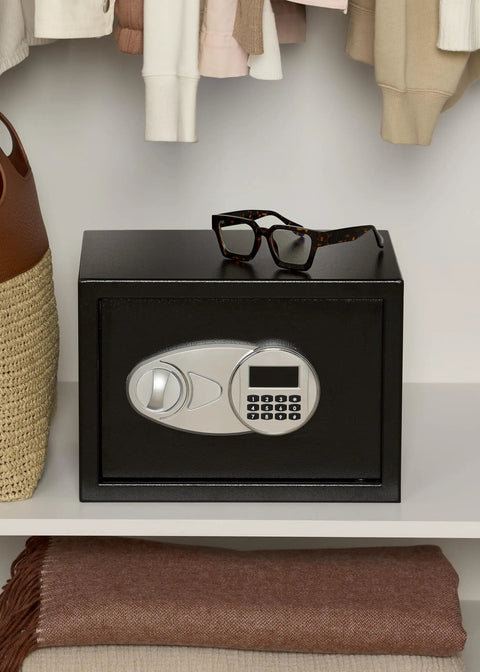 Steel Security Safe With Electronic Keypad And Emergency Override Keys, black safe on shelf with glasses on top, 0.5 cubic feet