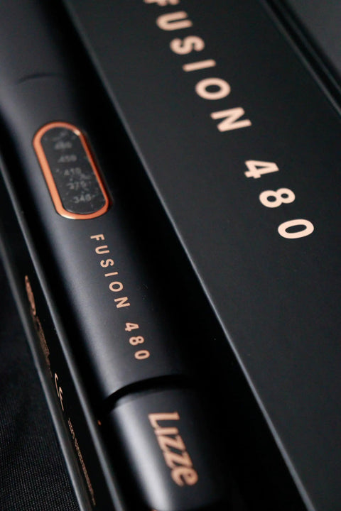 Fusion 480 Hair Straightener with High Heat Power, sleek black design, professional tourmaline ceramic plates visible.