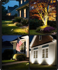 Built Tough Heavy Duty Solid Brass Landscape Spotlights 12V Outdoor Lighting illuminating houses, trees, and flag at night