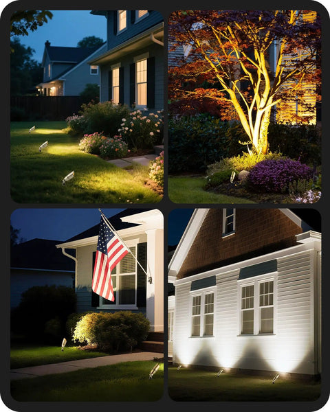 Built Tough Heavy Duty Solid Brass Landscape Spotlights 12V Outdoor Lighting illuminating houses, trees, and flag at night