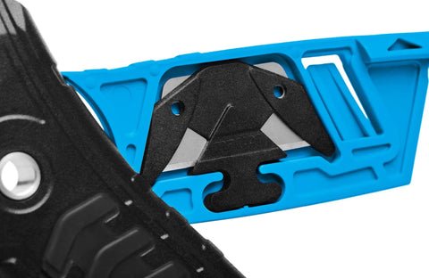 Close-up of Secumax 350 concealed blade in blue and black, ergonomic grip, Concealed Blade Safety Cutter For Box Tape And Shrink Wrap Black.
