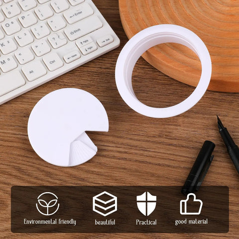 Two Pack White Desk Cable Grommets Sixty Millimeter Abs Plastic Cord Hole Inserts Featuring Spring Loaded Bases and No Sweat Detachable Caps on desk.