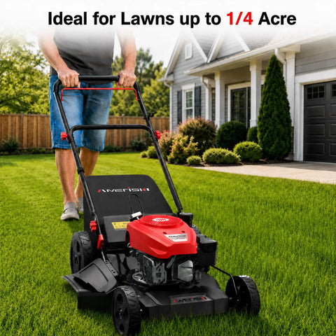 21 Inch Gas Lawn Mower With 144cc 4 Stroke OHV Engine 3 In 1 Push Mower For Yard Work Easy Start System Mulch Bag And Side Discharge on lawn