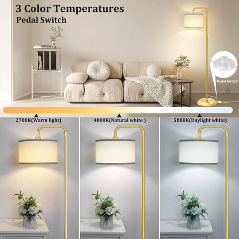 LED Floor Lamp With 3 Color Temperatures And Foot Switch, shows warm, natural, daylight settings, tall gold lamp in living room.